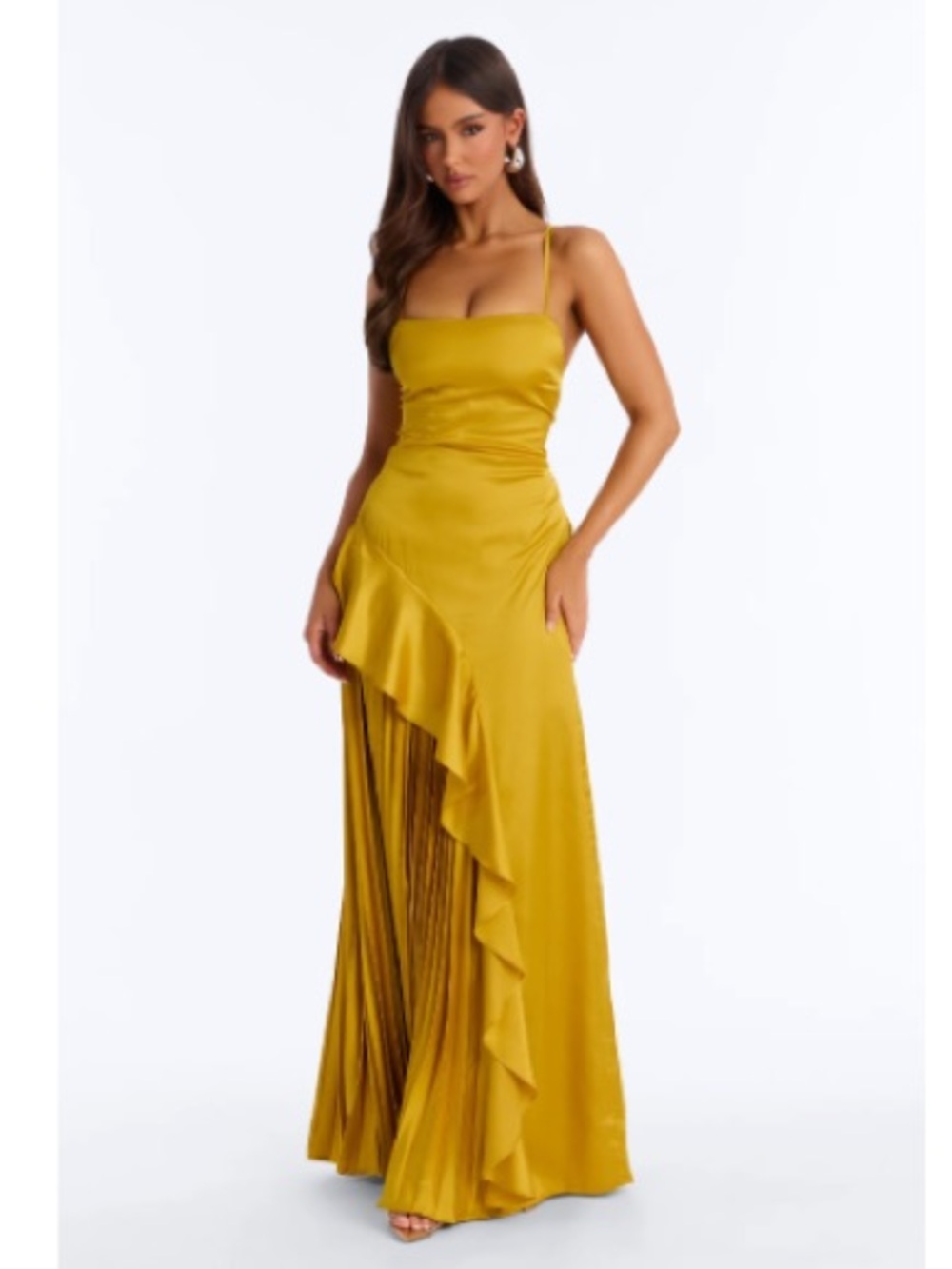 Fashion Nova Satin Strapless Slip Dress in Mustard Yellow